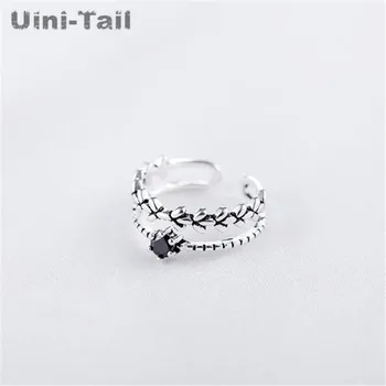 

Uini-Tail hot new 925 sterling silver creative obsidian leaf ring Korea simple fashion dynamic high quality ring GN483