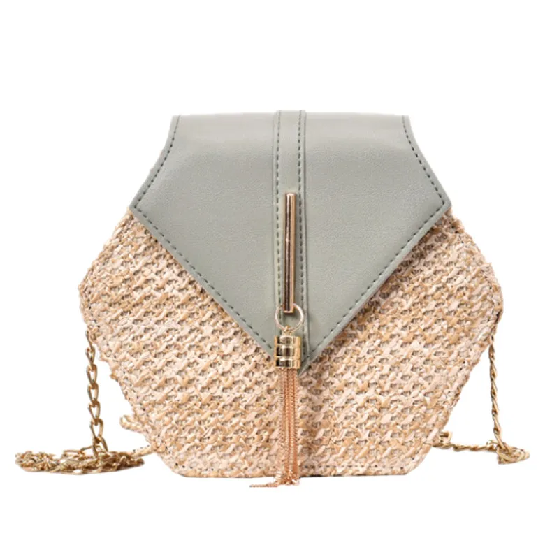 Straw PU Handbag Women Hexagon Rattan Handmade Shoulder Bag Summer Beach Bohemia Tassel Travel Bags Fashion Ladies Chain Bag