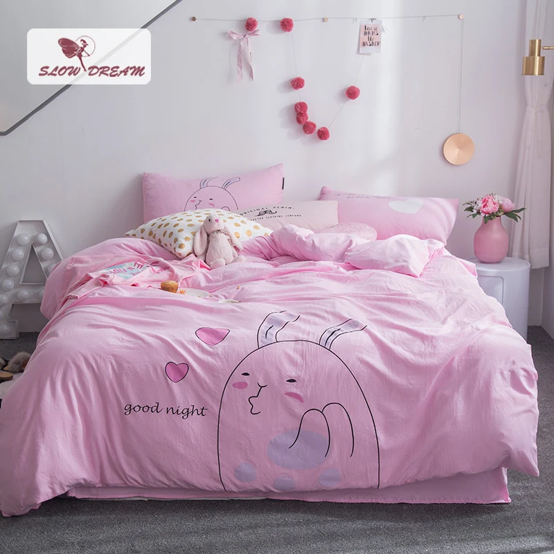 

SlowDream Pink Rabbit Bedding Set Double Queen King Bed Linens Cotton Girl Child Duvet Cover Set Bedclothes Decor Home Textiles