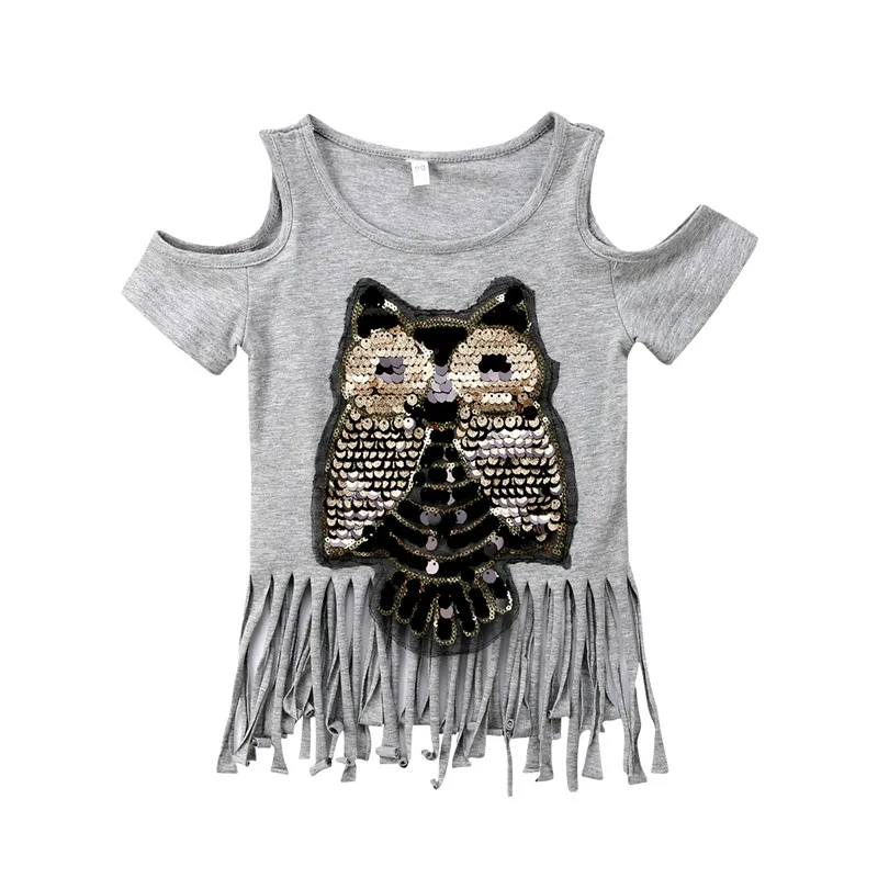 New Summer Tassels Toddler Kid Baby Girl clothes short sleeve T-shirt Tops Sequins Owl Tops