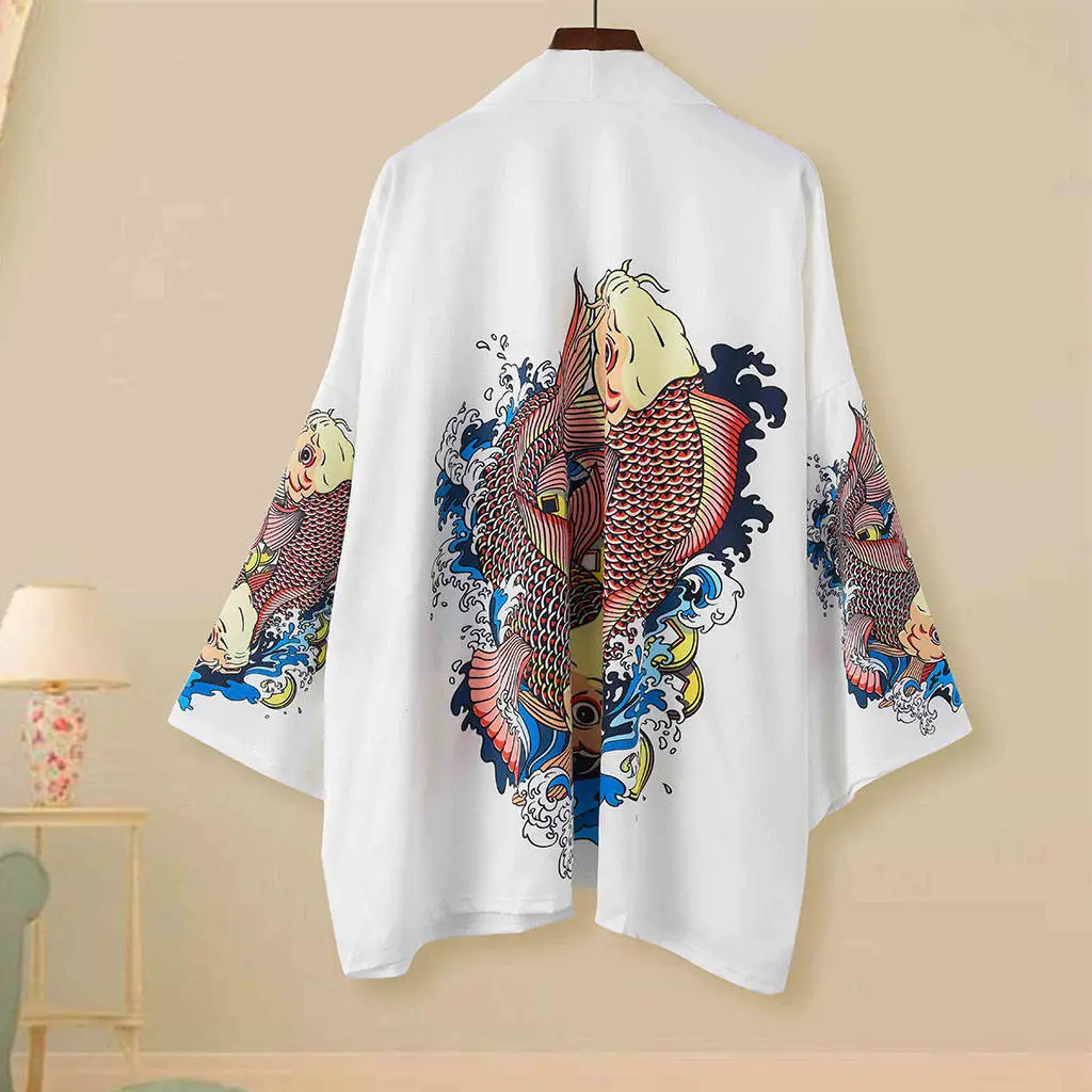 Neploe японский кимоно кардиган винтажные рубашки с принтом для мужчин и женщин Harajuku Chimono пальто Blusas Mujer Свободные повседневные топы 39055 - Цвет: white double fishes