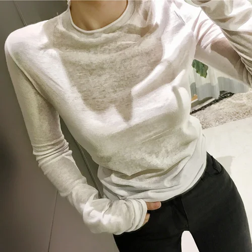 

2019 New Summer Sexy Show Thin Top Office Lady Women O Neck Unlined Upper Micro Through Long Sleeve T-Shirt