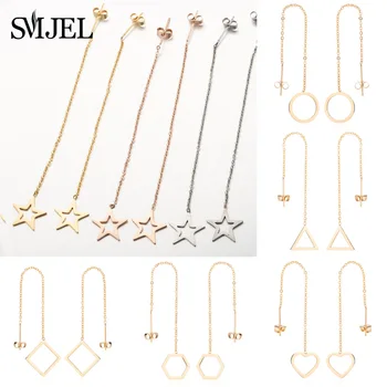SMJEL Korean Geometric Drop Earrings Women Stianless Steel Long Threader Earrings Girls Tassel Chain Dangle Earring Jewelry