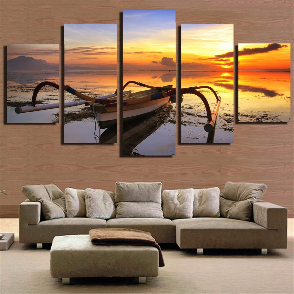 

5 Panel Wall Art Painting Boat Sunset Seascape Home Decor For Living Room Modern Landscape Poster Canvas Printed Picture Artwork