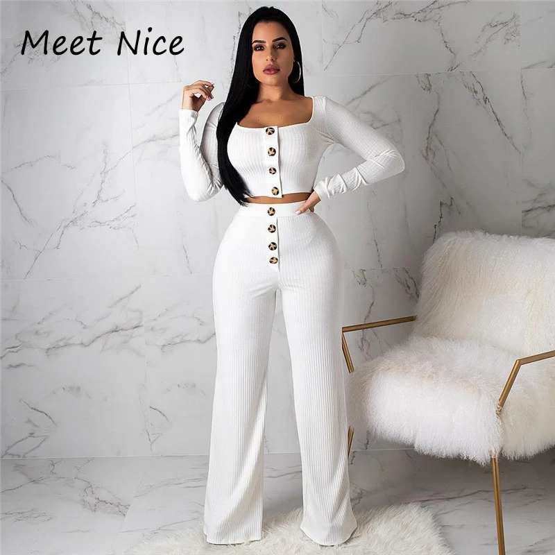 

2 Two Piece Set Women Ribbed Buttons O Neck Crop Top and Long Pants Set Sexy Long Sleeve Tracksuit Women Conjunto Feminino 2019
