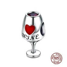 MOWIMO 925 пробы серебра в форме сердца красное вино Стекло чашки Подвески Бусины, подходят к оригиналу Pandora, Браслеты ювелирных изделий BKC788
