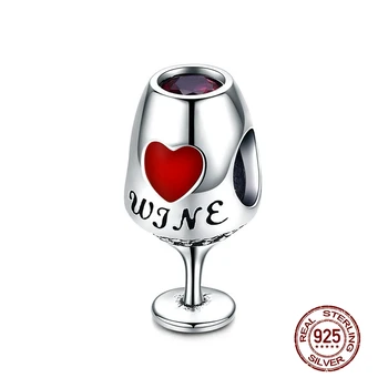 

MOWIMO 925 Sterling Silver Heart Red Wine Glass Cup Pendant Charms Beads Fit Original Silver Bracelets Jewelry Making BKC788