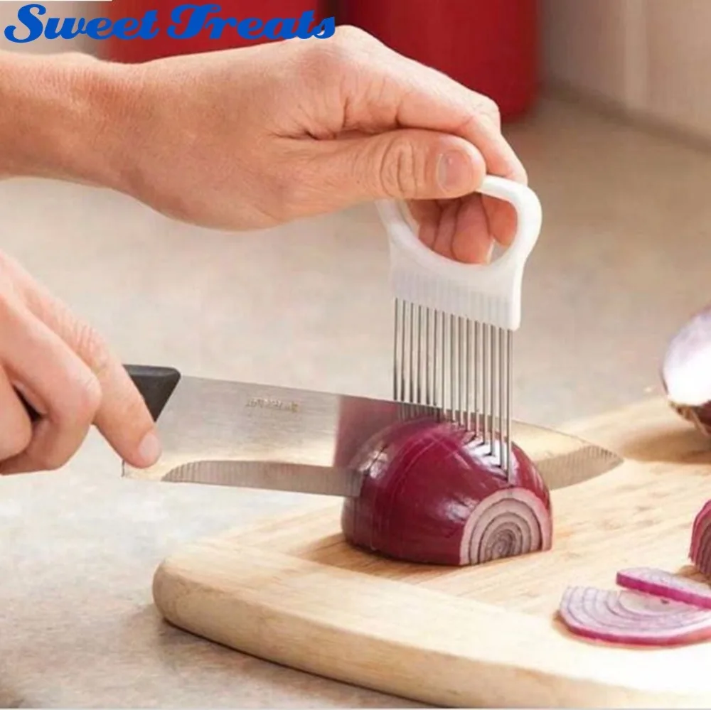 

Sweettreats Stainless Steel Slicer Aid Guide Holder for Onion Tomato Vegetable Cutter Kitchen Tools