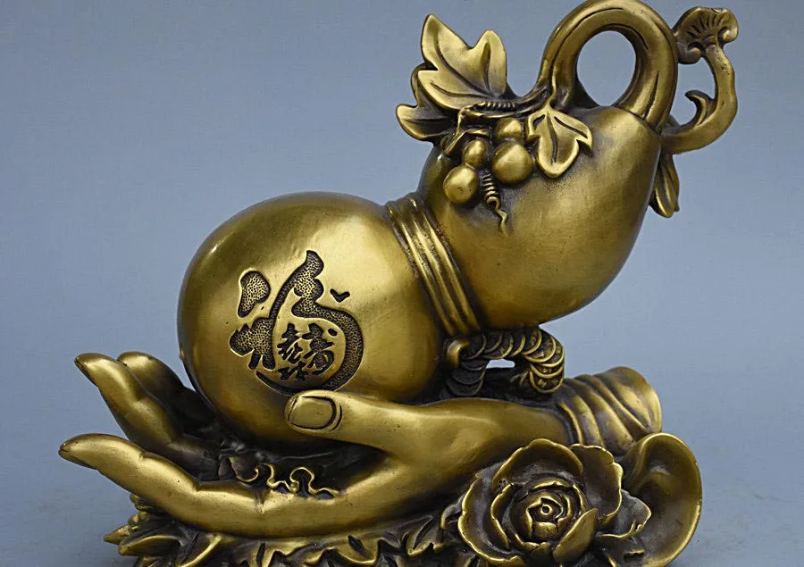 

11" Chinese Pure Bronze Wealth Fu Gourd cucurbit On GuanYin Hand Flower Statue