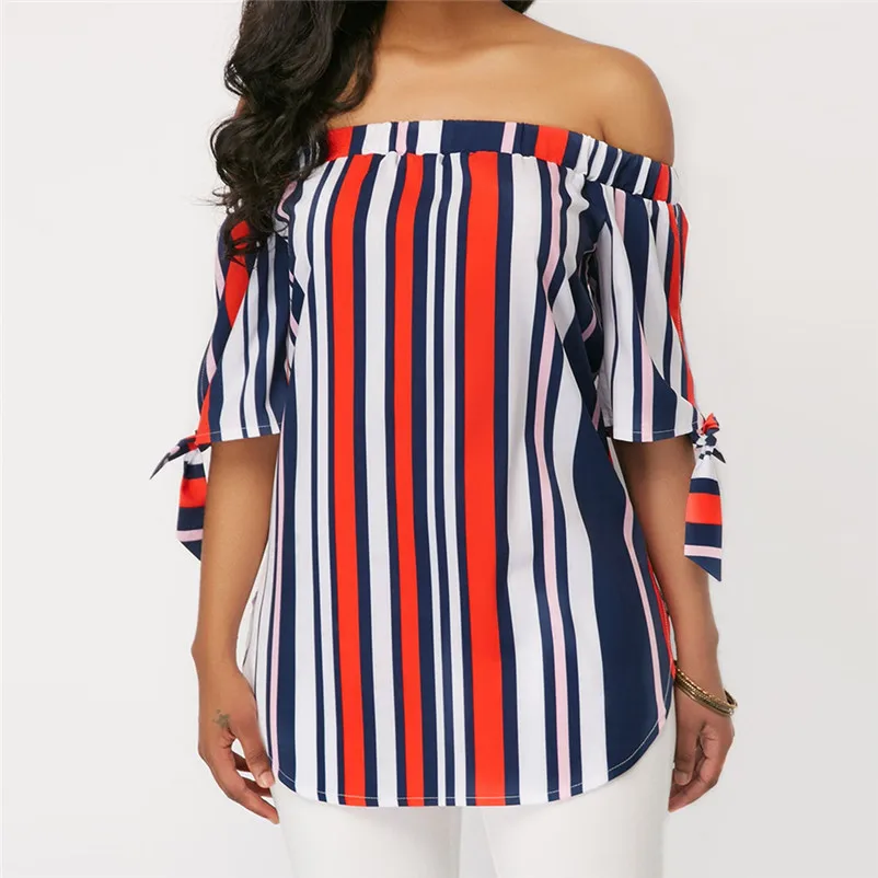 Fashion womens tops and blouses summer 2018 Casual Off Shoulder Bandage Stripe Printed Tops Blouses Shirts camicette Y30#N  (2)