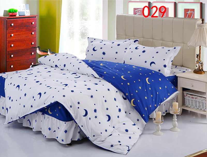 Twin Full Queen White Blue Polyester Bed Skirt 4Pcs Bedding Set Dust Ruffle Bedclothes Set Duvet Cover Quilt Cover Pillowcase