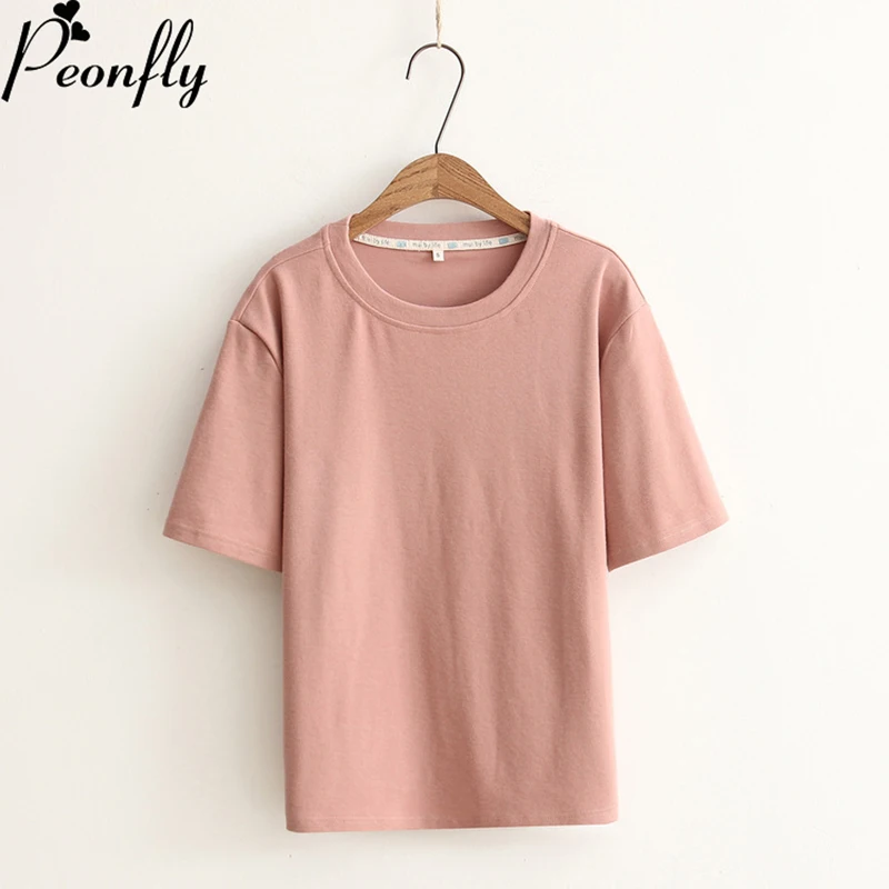 

PEONFLY Women T shirts Pure Cotton Tee Shirt Tops Oneck Short Sleeve Basic Summer Tops Tees Black White Solid Top Summer