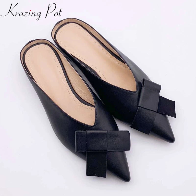 

Krazing pot summer full grain leather bowtie pointed toe female mules shallow model runway low heel brand convenient pumps l11