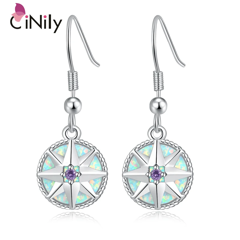 

CiNily White & Blue Fire Opal Purple Stone Round Dangle Earrings Silver Drop Earring Minimal Art Jewelry Woman Girl