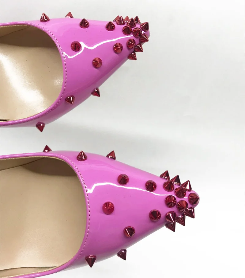 Stylesowner New Arrival Rivets Studded Pumps Rose Pink Thin Heel Sexy Wedding Shoe Pointy Toe Fashion Prom Party Shoes