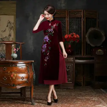 

Traditional Chinese Women Mandarin Collar Velvet Qipao Half Sleeve Elegant Cheongsam Vintage Vietnam Dress Oversize S-4XL