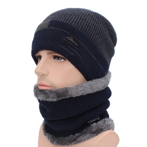 AETRUE зимняя шапочки для мужчин шарф вязаная шапка кепки мужской плюс капор теплая шерсть толстые зимние шапки для женщин шапочка - Цвет: navy set