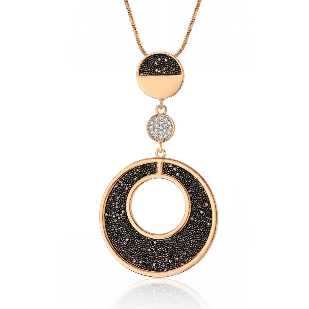 Shining Black Crystal Geometric Circles Pendant Necklace Gold Chain