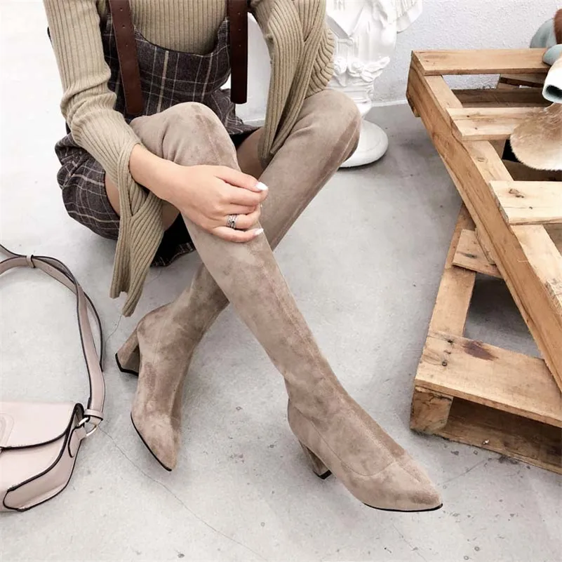 Cena FEDONAS na buty do kolan damskie buty na wysokim obcasie szpiczasty nosek buty na imprezę kobieta obcisłe wysokie ciepłe zimowe buty śnieżne długie buty