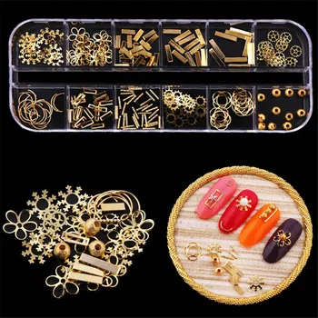 

Gold Metal Hollow Out Flower Chain Mixed Metal Rivet Decorations Line Nail Crystal Accessoires Nail Art Set