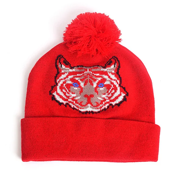 red Skullies Beanie Женская Мужская зимняя вязаная шапка тигр животное теплый помпон акриловый головной убор мягкий Повседневный открытый лыжный аксессуар - Цвет: red