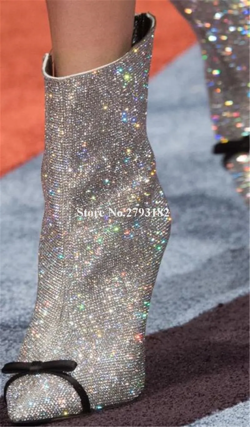 

Women Charming Bling Bling Pointed Toe Silver Rhinestone Thin Heel Short Boots Bowtie Decorated High Heel Ankle Boots Club Shoes