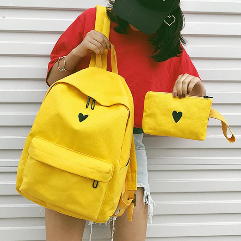  Moon Wood Women's Backpack Canvas Printed Heart Yellow Backpack Korean Style Students Travel Bag Gi - 32820576039