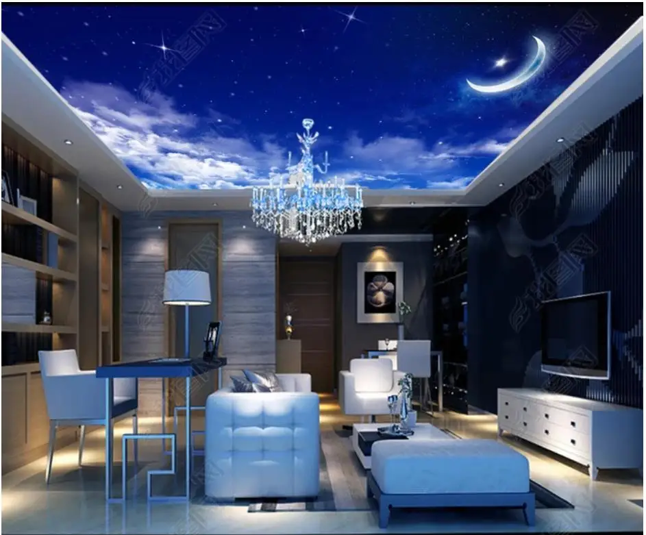 

Custom ceiling wallpaper 3d ceiling murals Blue sky, white cloud Starry sky moon zenith mural wall papers home decoration