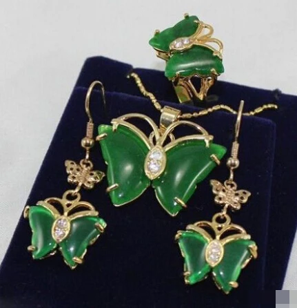 DYY hot sell new - 00778 Set Pretty butterfly green jade pendant Necklace earrings ring (A0511) | Украшения и аксессуары
