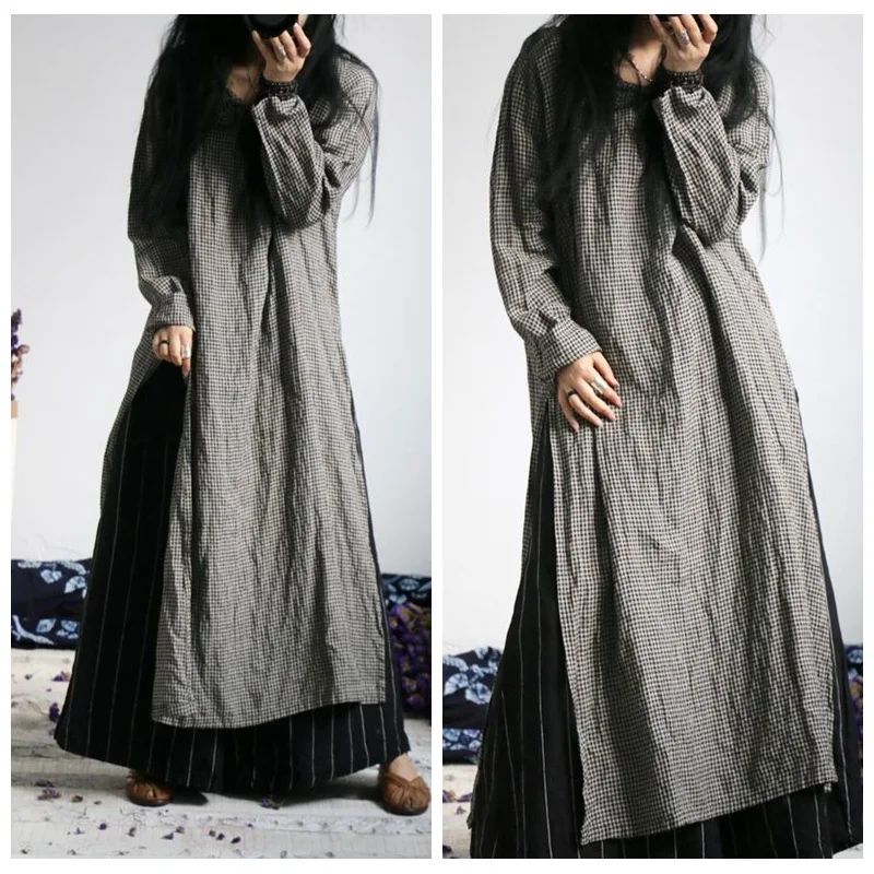 

ASYMSAY New Arrival Chinese Casual Style Plaid Cotton Linen Dress Hem Side High Split Round Collar Long Sleeve Dress AC5929