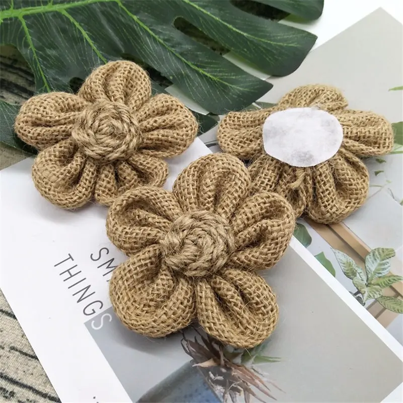 5Pcs Handmade Burlap Flowers Vintage hessian Jute Wedding Party Decoration Supplies Natural color Shabby Chic 62494 - Цвет: 2PD-62493-2