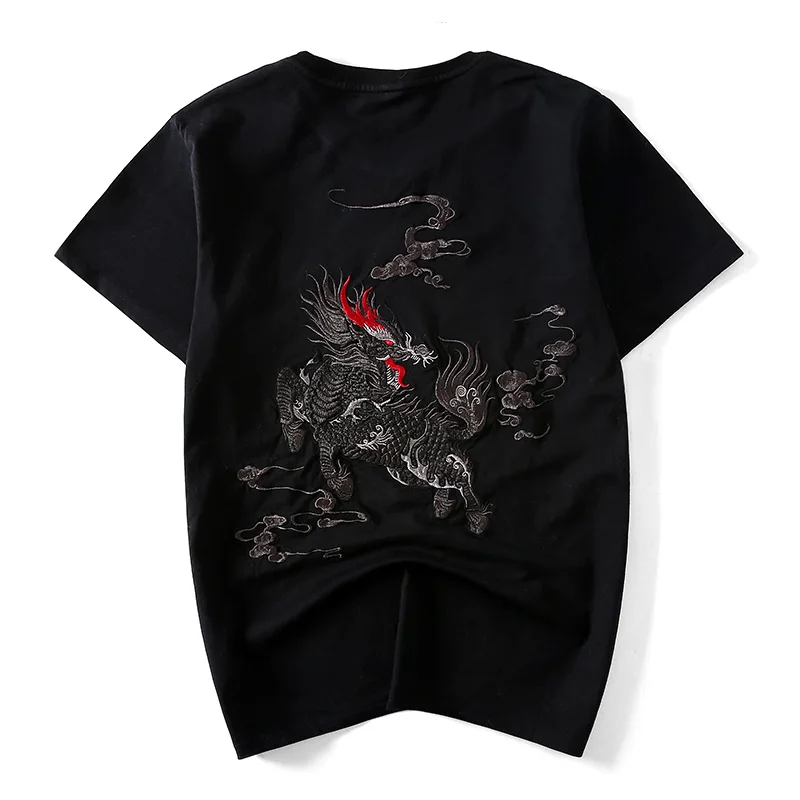 Китайский стиль, брендовая хлопковая футболка с коротким рукавом и вышитым драконом, облегающая Мужская черная футболка с круглым вырезом, модные мужские футболки - Цвет: black