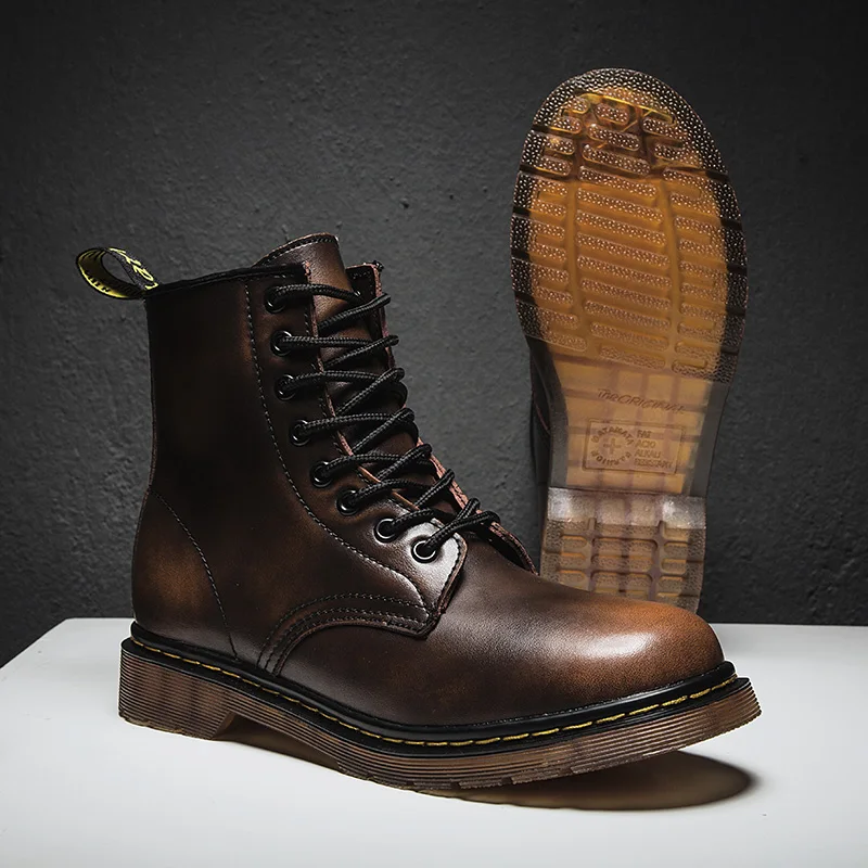 

New Luxury Men Boots Leather Combat Boots Wine Red Fashion Shoes 2019 Men Round Toe Man Work Boots Designer Mens Vintage Boots