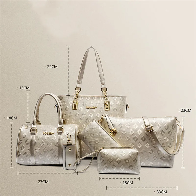 6 unids/set bolsos compuestos de mujer de moda de cuero de PU con estampado de entramado de diamantes bolso de mano de mujer bolso de hombro carteras bolso llavero conjunto