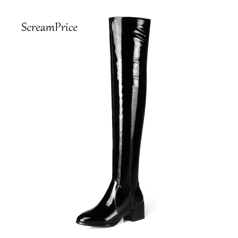 

Women Genuine Leather Side Zipper Fashion Thigh Boots Women Winter Comfortable Thick Heel Shoes Black A