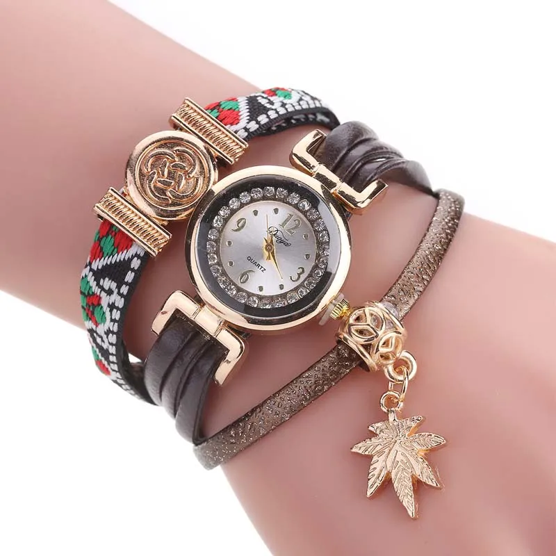 

Girls Vintage Style Quartz Watch Women Boho Summer Maple Pendant Bracelet Watch Ladies Rhinestone Embroidery Strap Wristwatches
