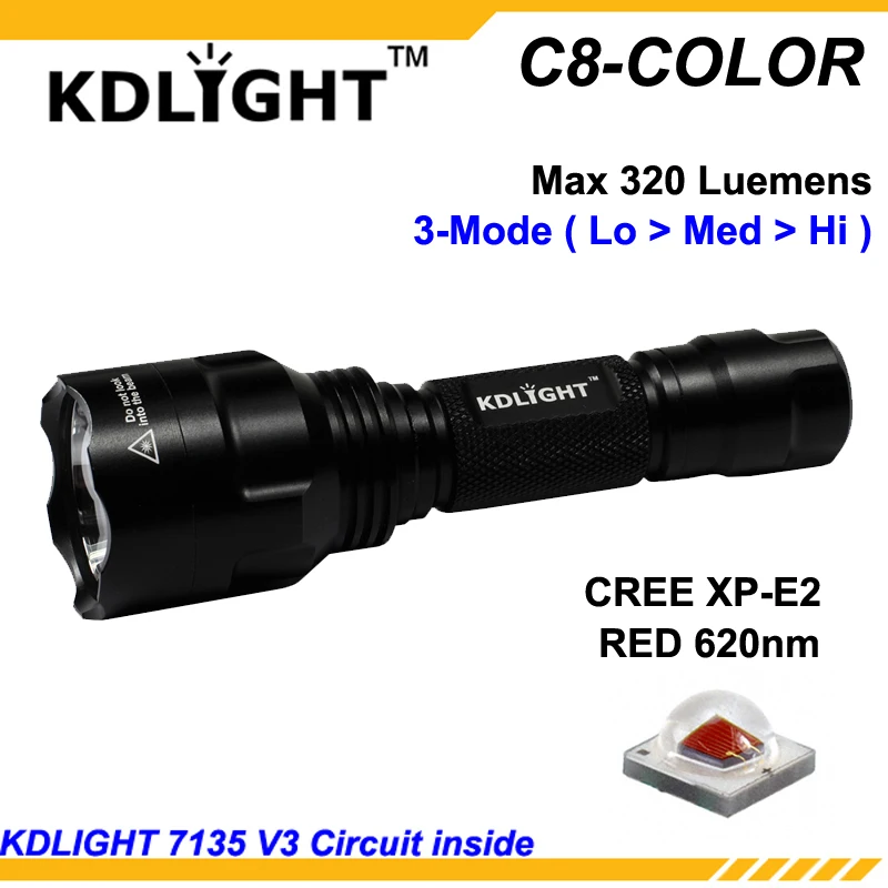 US $18.89 KDLITKER C8COLOR Cree XPE2 Red 620nm 320 Lumens Camping Hunting LED Flashlight Black 1x18650