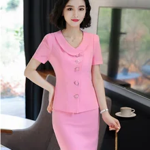 Формальные Летние блейзеры с коротким рукавом из двух частей с топами и юбкой для дам, модные розовые деловые комплекты с юбкой