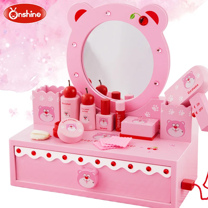 

Onshine Cherry Bear Pink Simulation Dressing Table Solid Wood Dressing suit Pretend Play Furniture Toys for Girl Gifts