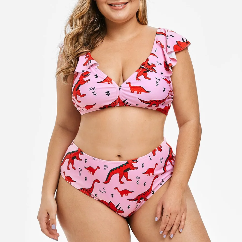 

Swimsuit Plus Size Women Sexy dinosaur print flash Beachwear Swimsuit separate ruffles maillot de bain taille haute 15#