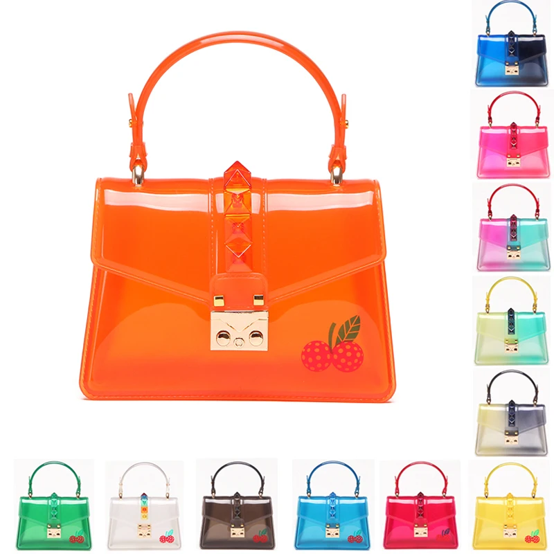 

Candy Fashion Women Summer Clear Handbag Rivet Transparent Colorful Jelly Small Tote Bag Brand Designer Shoulder Crossbody Bag