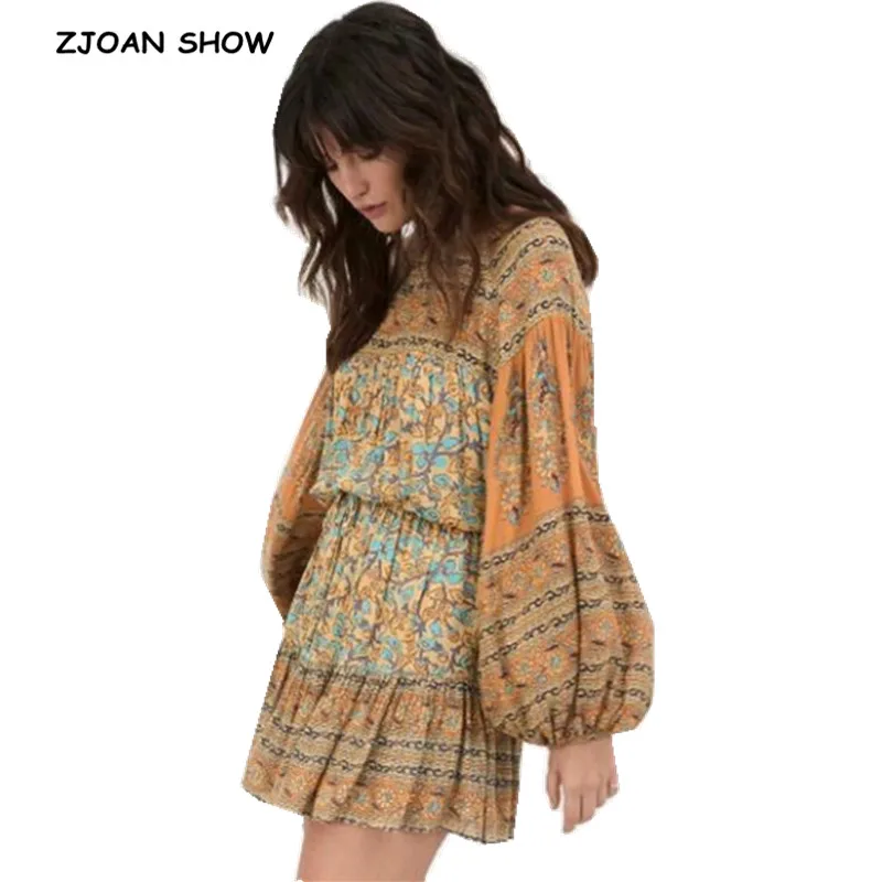 

Bohemian Contrast Color Floral Paisley Print Pullover Shirt Ethnic Women O neck Long Lantern Sleeve Pullover Blouse Casual Tops