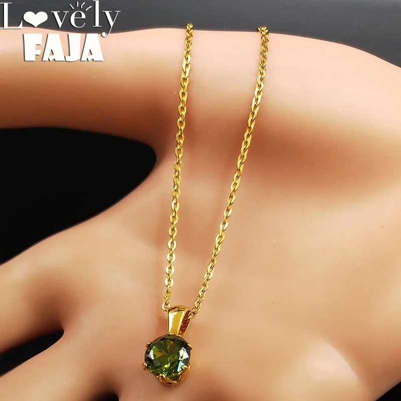 

2019 Fashion Green Crystal Stainless Steel Statement Necklace for Women Gold Color Pendant Necklace Jewelry bijoux femme N18612