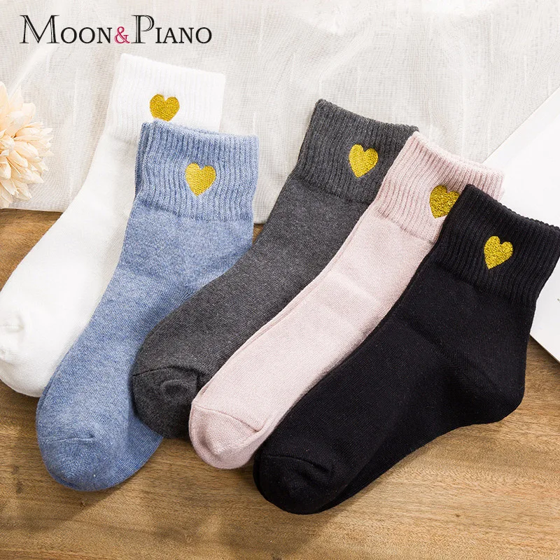 Cute Gold Silk Embroidery Heart-Shaped Love Cotton Korean Version Of Harajuku Fashion Peach Color Socks Female Beauty Girl Funny | Женская