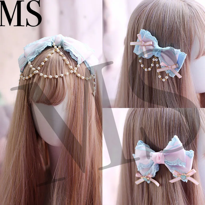

Lolita Japanese pink blue dream color Japanese handmade bow hairpin soft sister bow hair accessories headdress LOLITA original