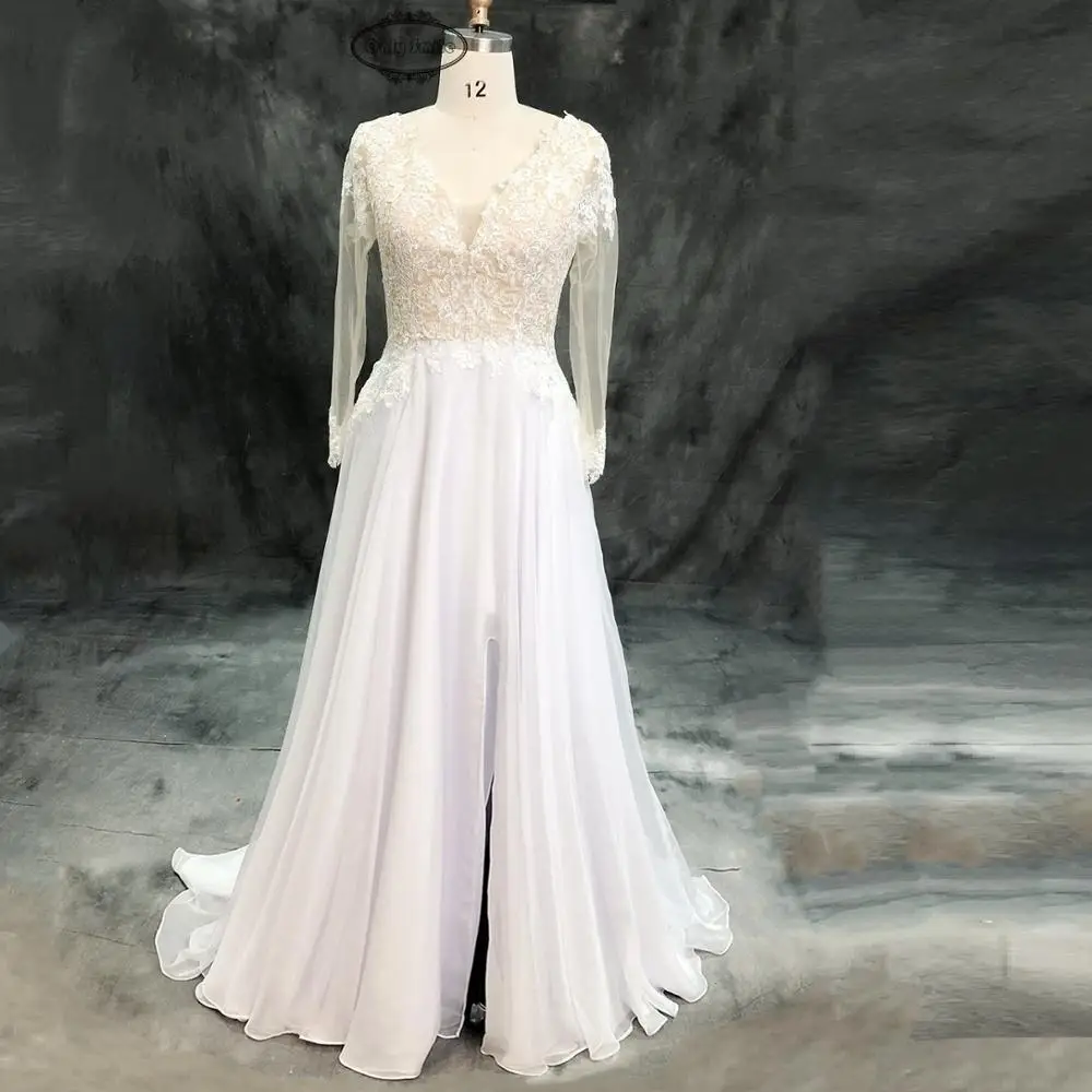 

OnlySmile Sexy V neck Wedding Dresses Nude Sheer Tulle Long Sleeve Split open Front Boho Wedding Dress 2019 Robe de Mariee