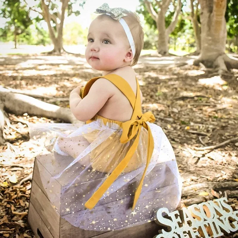 Sweet Baby Toddler Girl Gauze Lace Yellow Sunsuit Rompers Newborn Baby