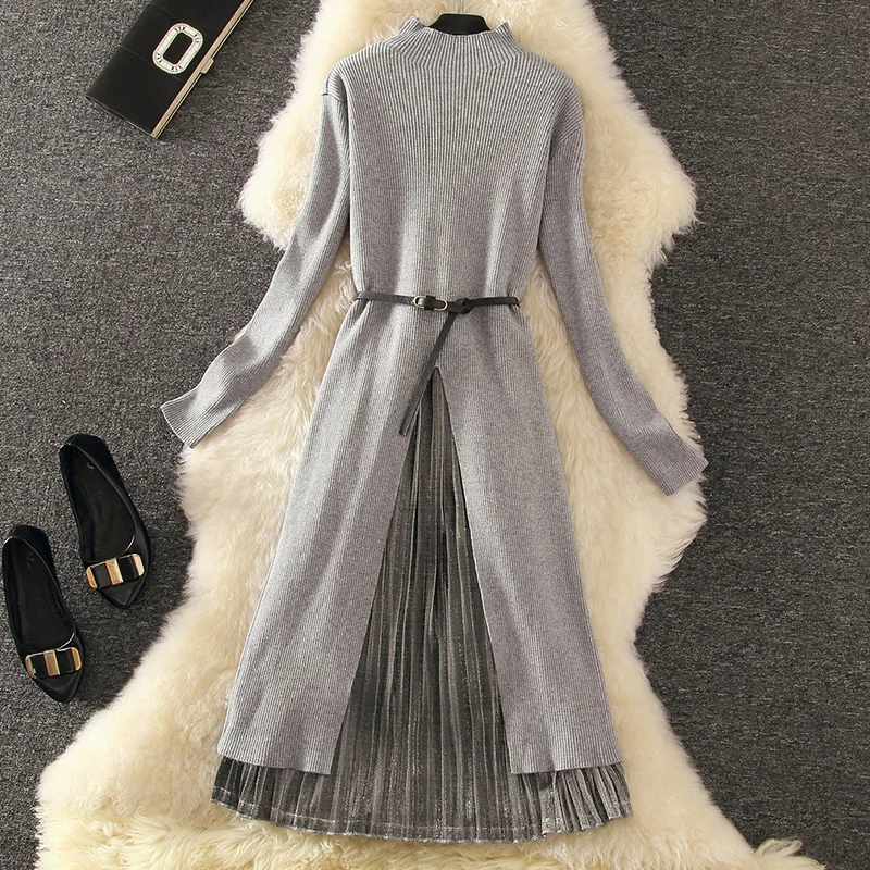 Mooirue 2PC Irregular Long Sweater Split Dress + Pleated Skirt Women Autumn Winter Elegant Suits Waist Belt Included