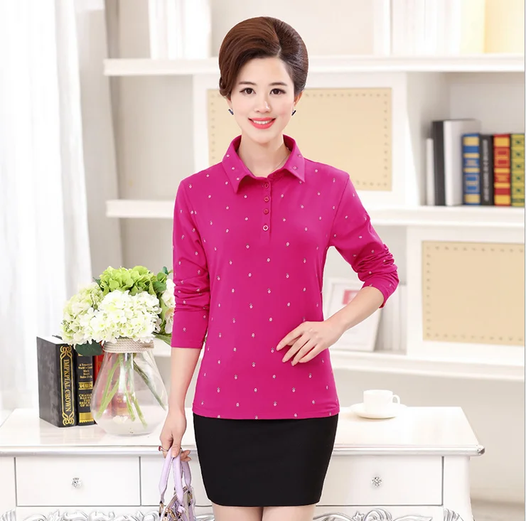 

2018 Spring New Middle-Aged Women Clothing Casual Turndown Collar Top Long-Sleeved Cotton Comfortable Female T-Shirt T403