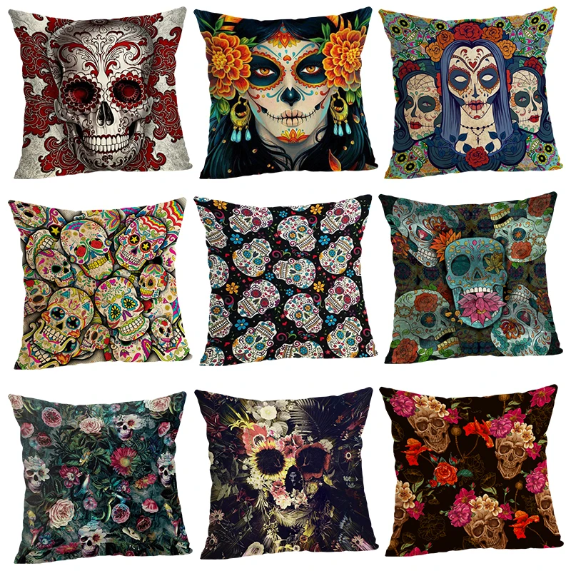 

Skull Sofa Cushion Case Home Decor 45Cmx45Cm linen Square Sofa Bed Car print Pillow Cover Linen cushion cover